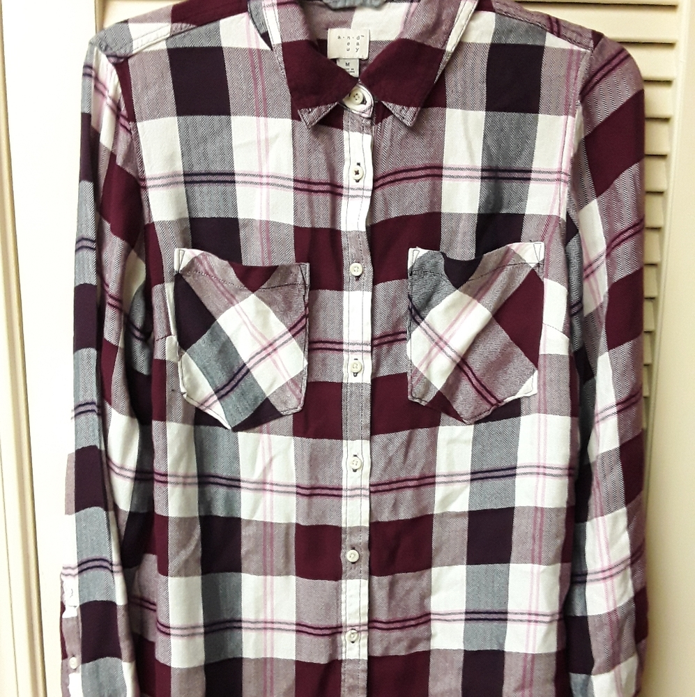 Plaid Button Up Red Striped Boho boyfriend Shirt M